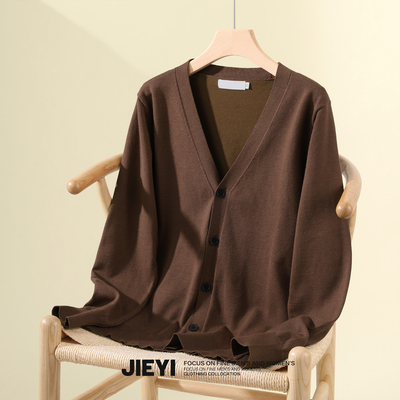 JIEYI纯色V领韩系复古针织开衫