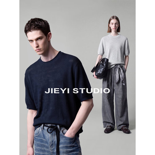 JIEYI 卷边领口天丝莱赛尔亚麻混纺T恤薄款短袖男士outfit上衣潮