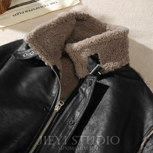 JIEYI皮毛一体羊羔绒立领机车皮衣帅气加绒厚款 解构分割拼接外套