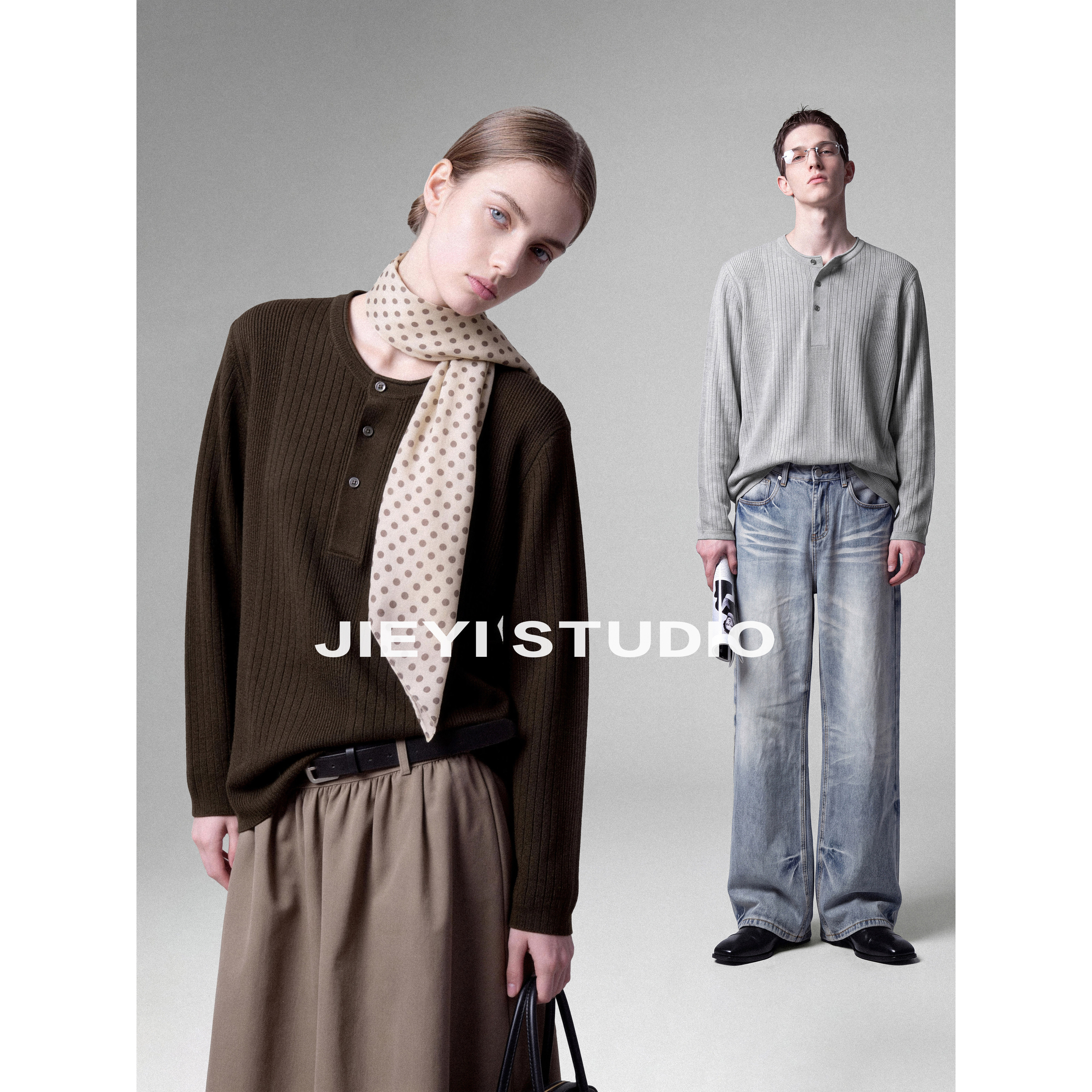 JIEYI 「莱赛尔山羊绒混纺」亨利领半开襟针织衫竖坑肌理法式毛衣