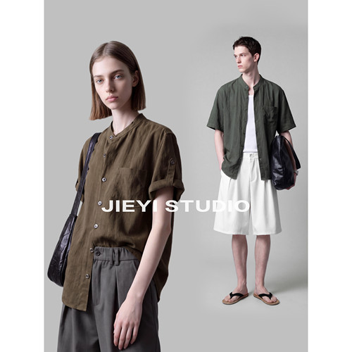 JIEYI 盐系质感透气中山领衬衫天丝莱赛尔亚麻混纺可调节五分袖男