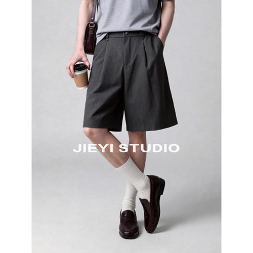JIEYI 半松紧腰抗皱免烫休闲西裤男莱赛尔桑蚕丝混纺阔腿五分中裤