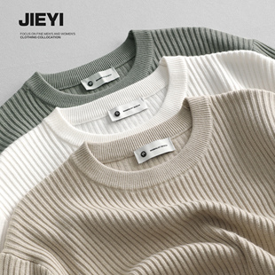 介乙 坑条纹理圆领毛衣男慵懒风潮流韩系提花针织衫保暖单穿上衣