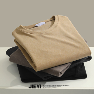 JIEYI 双面磨毛德绒长袖T恤衫保暖男士软糯圆领套头内搭秋冬上衣