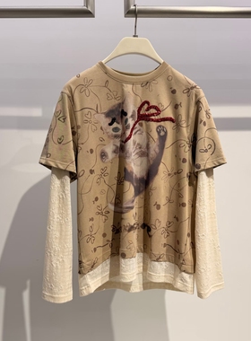 26春夏手绘感复古墙纸花小猫假两件T恤2610T16314