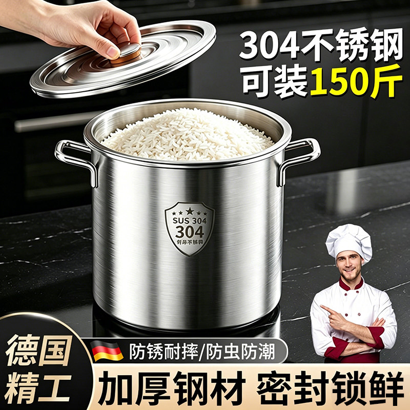 德国食品级家用存米桶304不锈钢加厚家用新型密封防虫防潮装米桶