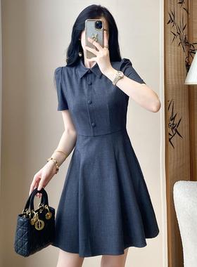 灰色POLO领西装连衣裙女夏季气质收腰显瘦高级感职业OL通勤A字裙