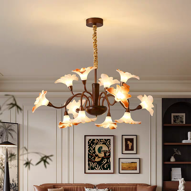 美式中古客厅吊灯复古花朵餐厅吊灯2025新款法式实木卧室中山灯具