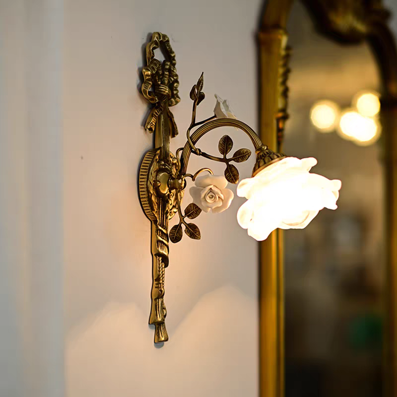 法式复古全铜田园花朵壁灯欧式古典床头玄关走廊过道壁灯