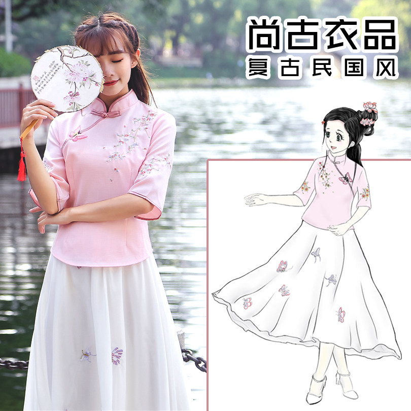 民国女学生复古棉麻中国风修身显瘦旗袍唐装中袖上衣两件套春秋新