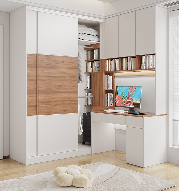 推拉门移门转角衣柜书桌一体组合儿童房书柜带电脑桌家用卧室衣橱
