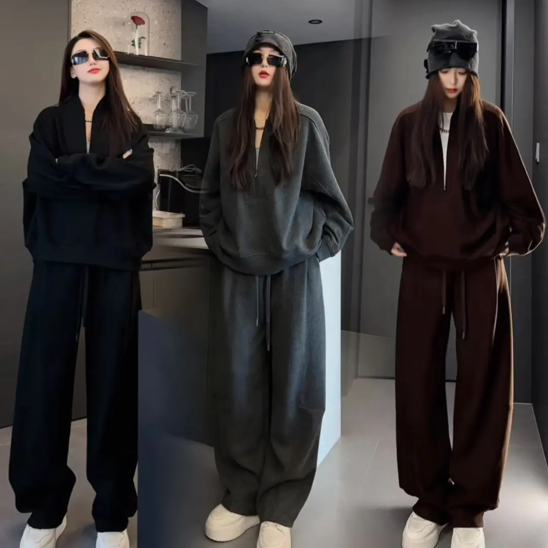 炎炎服饰 秋季情侣款老钱风套装松弛感纯色卫衣弯刀裤两件套