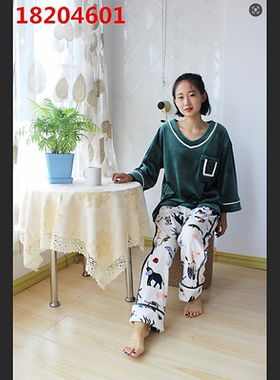 柔师羽家居服女士冬季新款圆领套头银狐绒AB版保暖睡衣套装182046