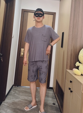 柔师羽家居服男士夏季新款圆领套头短袖短裤冰瓷棉睡衣套装952621