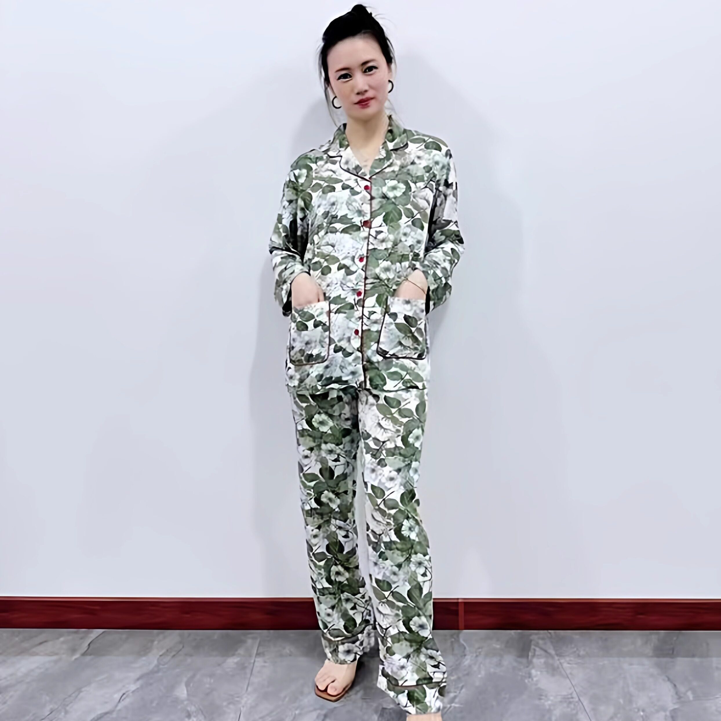 玉葱葱人棉家居服女士春季印花长袖长裤棉绸斜纹睡衣套装972016