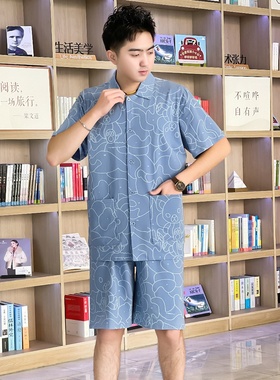 柔师羽家居服男士夏季新款对襟开衫短袖短裤冰瓷棉睡衣套装952508
