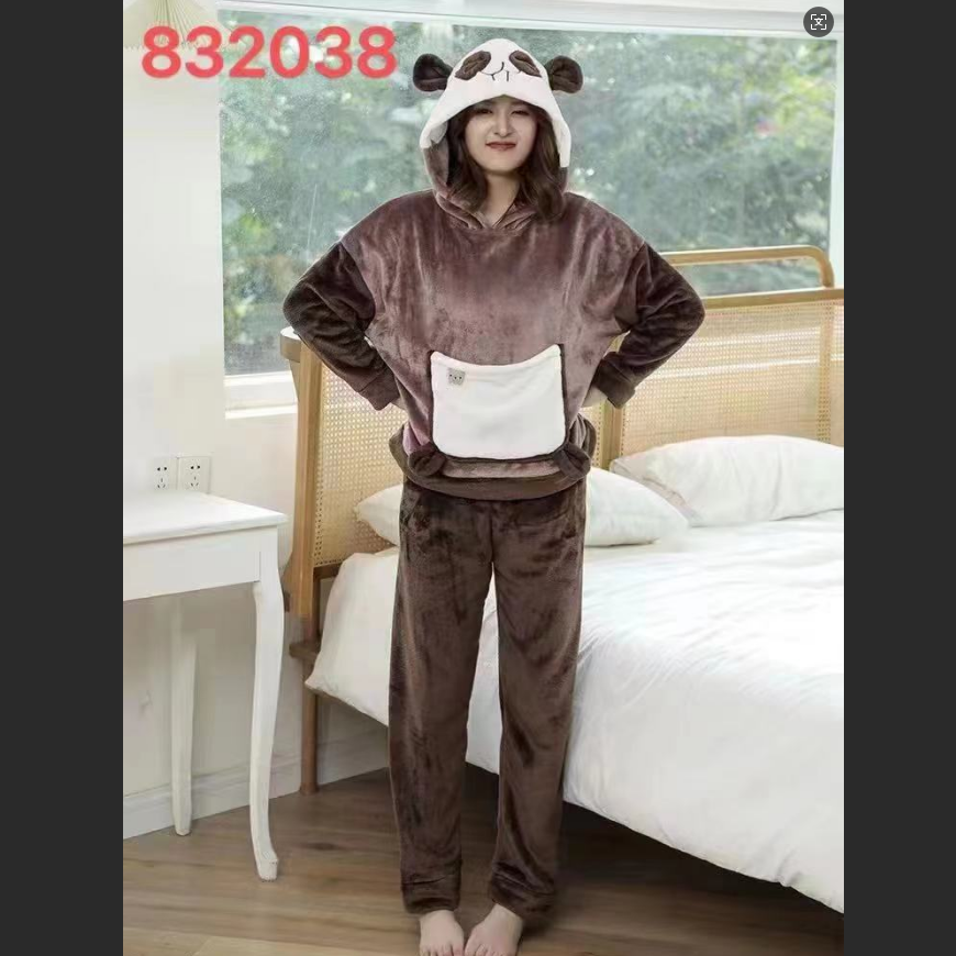 柔师羽家居服女士冬季新款连帽套头水貂绒保暖睡衣套装832038