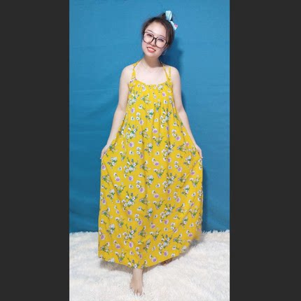 玉葱葱人棉家居服女士夏季新款印花系带长款睡裙家居睡裙171010