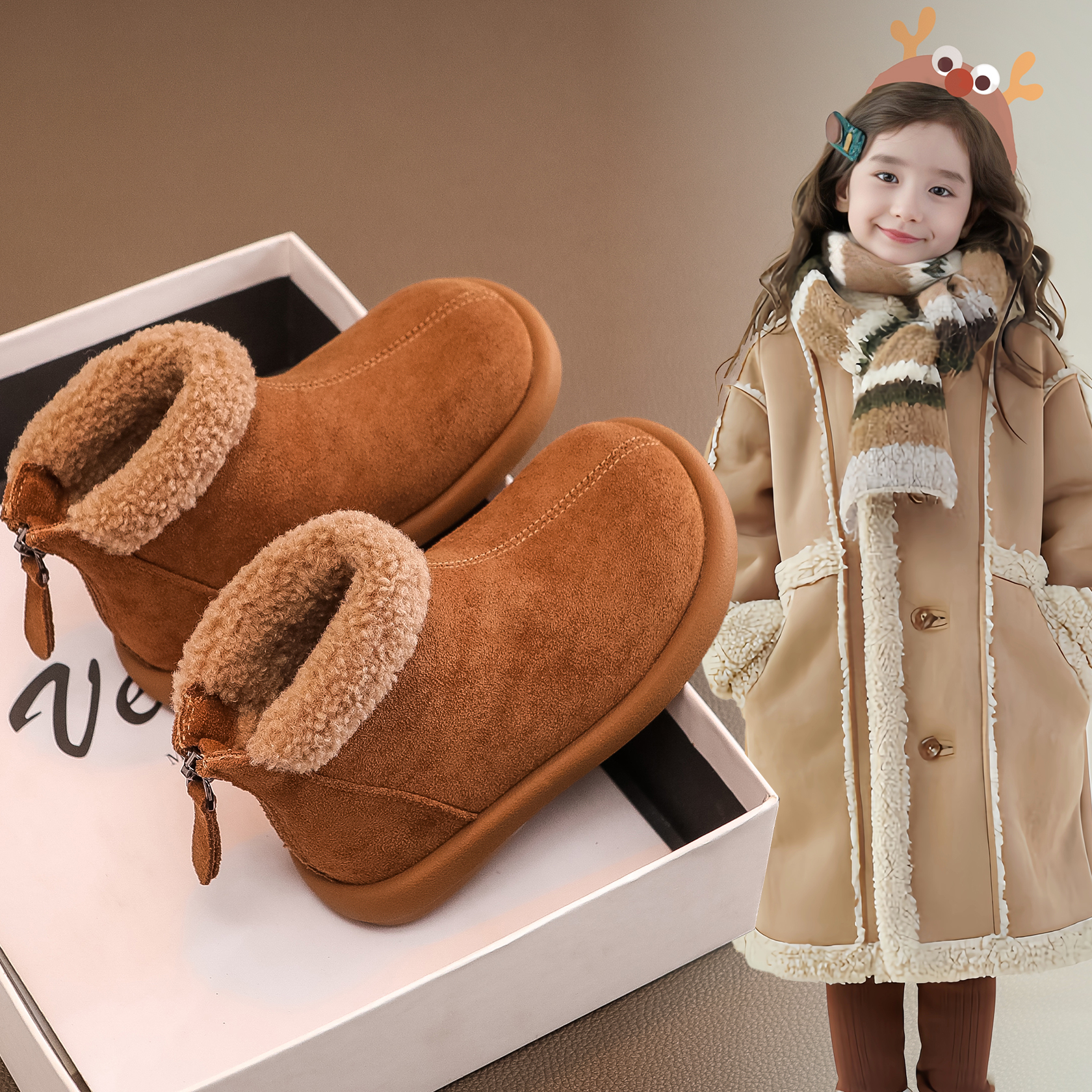 女童真皮短靴儿童加绒雪地靴棉靴