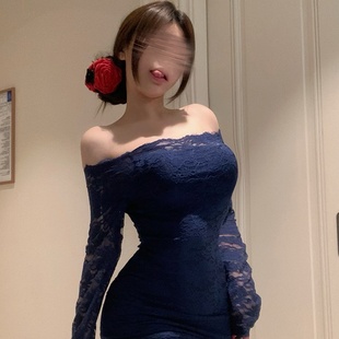 性感蕾丝包臀一字肩小个子纯欲诱惑长袖睡裙夏天修身连衣裙可外穿