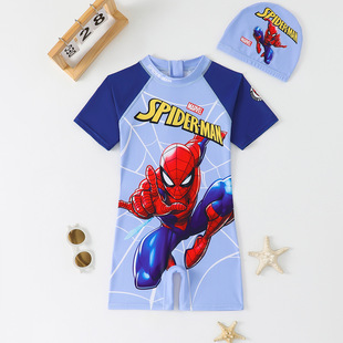 短裤 男孩子卡通蜘蛛人游泳衣速干泳帽短袖 新款 儿童蜘蛛侠连体泳装