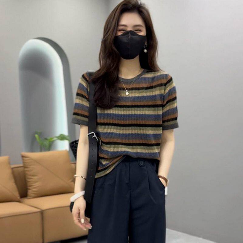 大码时尚圆领条纹短袖针织衫女夏季新款百搭洋气宽松修身显瘦上衣