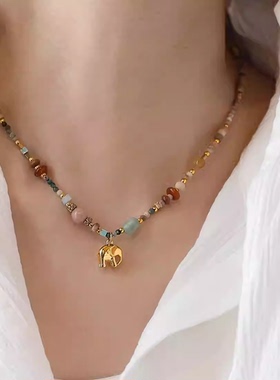 小象吊坠彩色天然石串珠项链