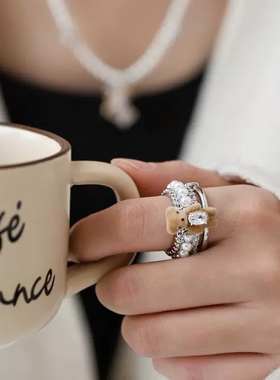 重工高品质~植绒小熊多层珍珠锆石水晶戒指套装项链女可爱设计感