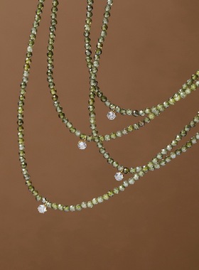 复古小众橄榄绿锆石串珠项链