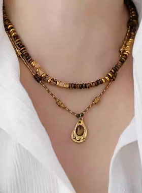 天然虎眼石隔片串珠项链异形吊坠