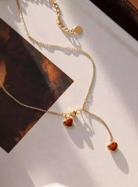 复古酒红爱心吊坠流苏金色脚链