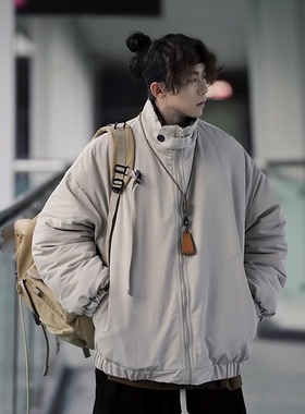 日系秋冬立领纽扣开衫纯色棉衣男女情侣款加厚保暖半高领棉服外套