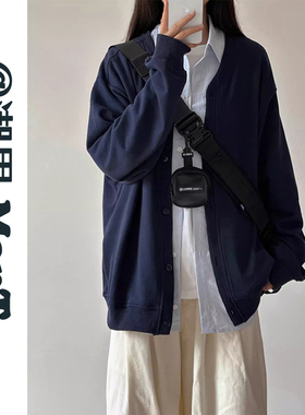 日系复古条纹衬衫拼接假两件卫衣开衫男女春秋藏蓝色针织长袖外套