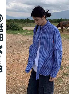 美式复古蓝色格子长袖衬衫男女学院风宽松休闲翻领长袖衬衣春秋季
