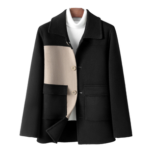 100%羊毛双面呢夹克羊毛大衣毛呢西装男开衫秋冬撞色休闲短款外套