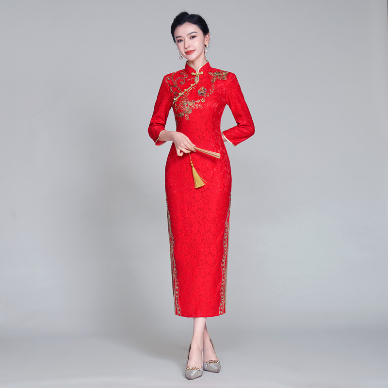新款回娘家活动长旗袍大红七分袖庙会聚会演出礼仪显瘦中国风复古
