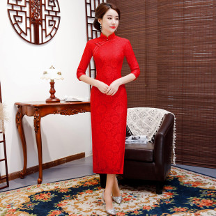 新款红色长旗袍七分袖复合蕾丝走秀演出金花外嫁女回娘家活动