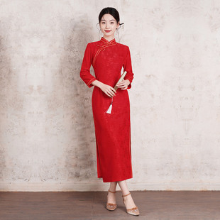 新款 复合提花走秀演出金花外嫁女回娘家活动 红色长旗袍七分袖