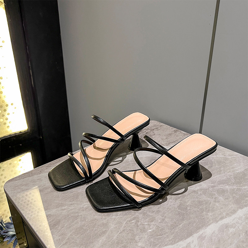 清仓女鞋夏方头细带高跟粗跟凉拖鞋露趾百搭一字带罗马中跟凉鞋