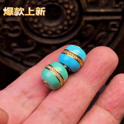 原矿高瓷蓝绿松石汉堡珠老型18k金钻镶嵌可拆手串手持108腰顶珠