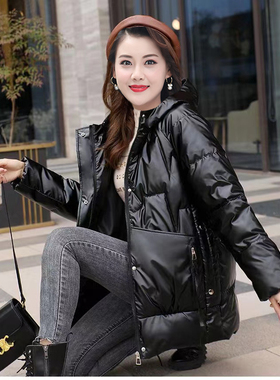 冬季新款亮面免洗女棉袄中长款连帽加厚防风防水羽绒棉服光面棉袄