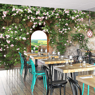 田园风景植物复古背景墙纸绿植壁纸花店客厅奶茶店餐厅墙布纸装 饰