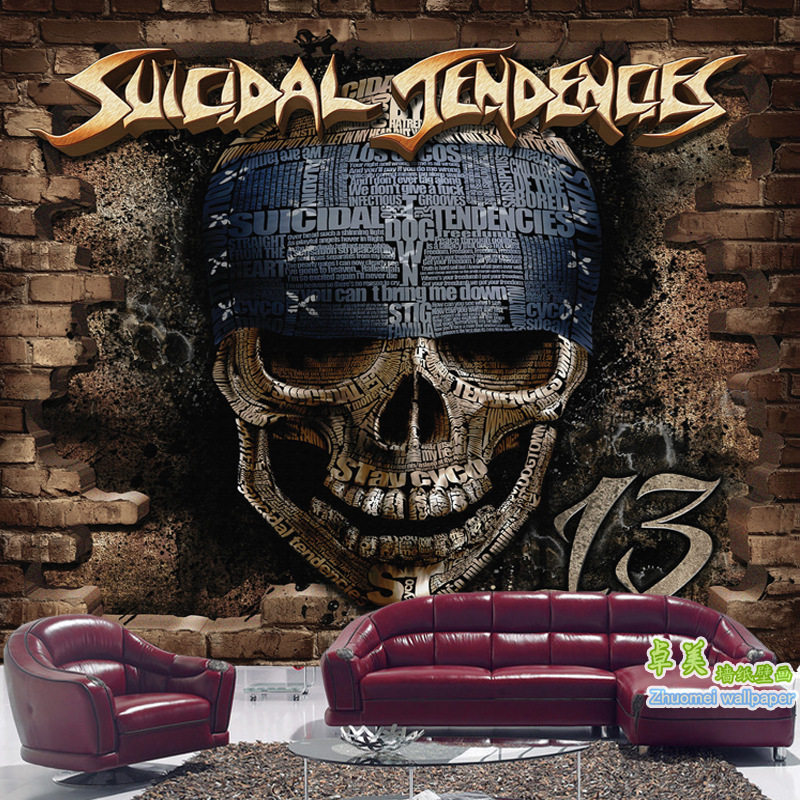 3d砖纹个性壁纸复古工业骷髅壁画纹身店纹绣会所酒吧ktv背景墙纸