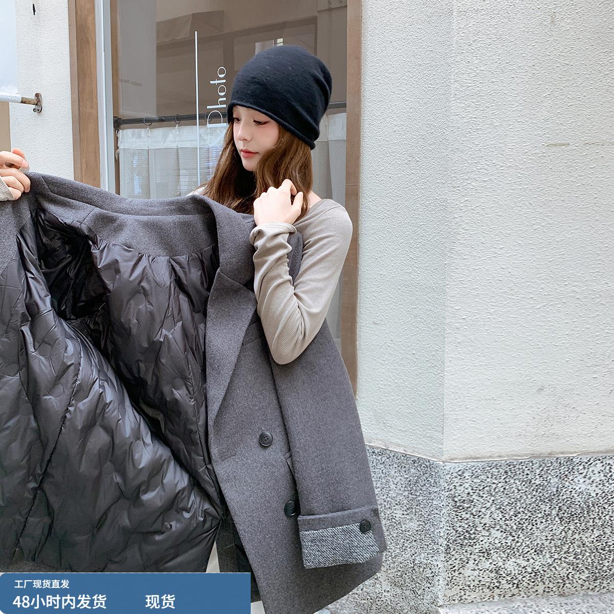 灰色白鸭绒羽绒内胆西装毛呢大衣女冬季中长款加厚宽松羽绒衣外套