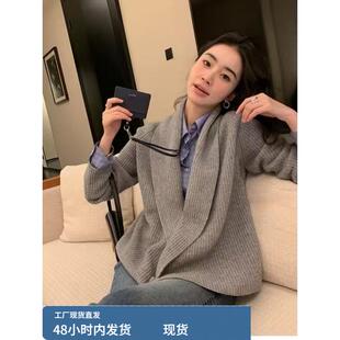 时尚高端西服领100纯山羊绒针织开衫女上衣秋冬灰色毛衣羊毛外套