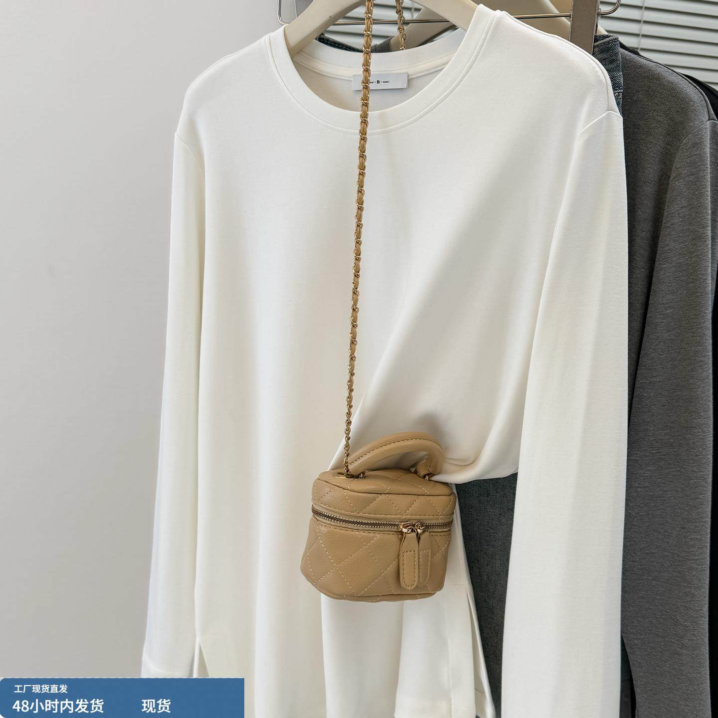 白色长袖T恤女秋冬百搭开叉中长款打底衫遮屁股洋气纯色上衣潮