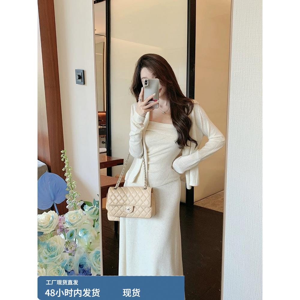 法式针织开衫吊带上衣半身长裙气质设计感连衣裙子三件套装女秋季