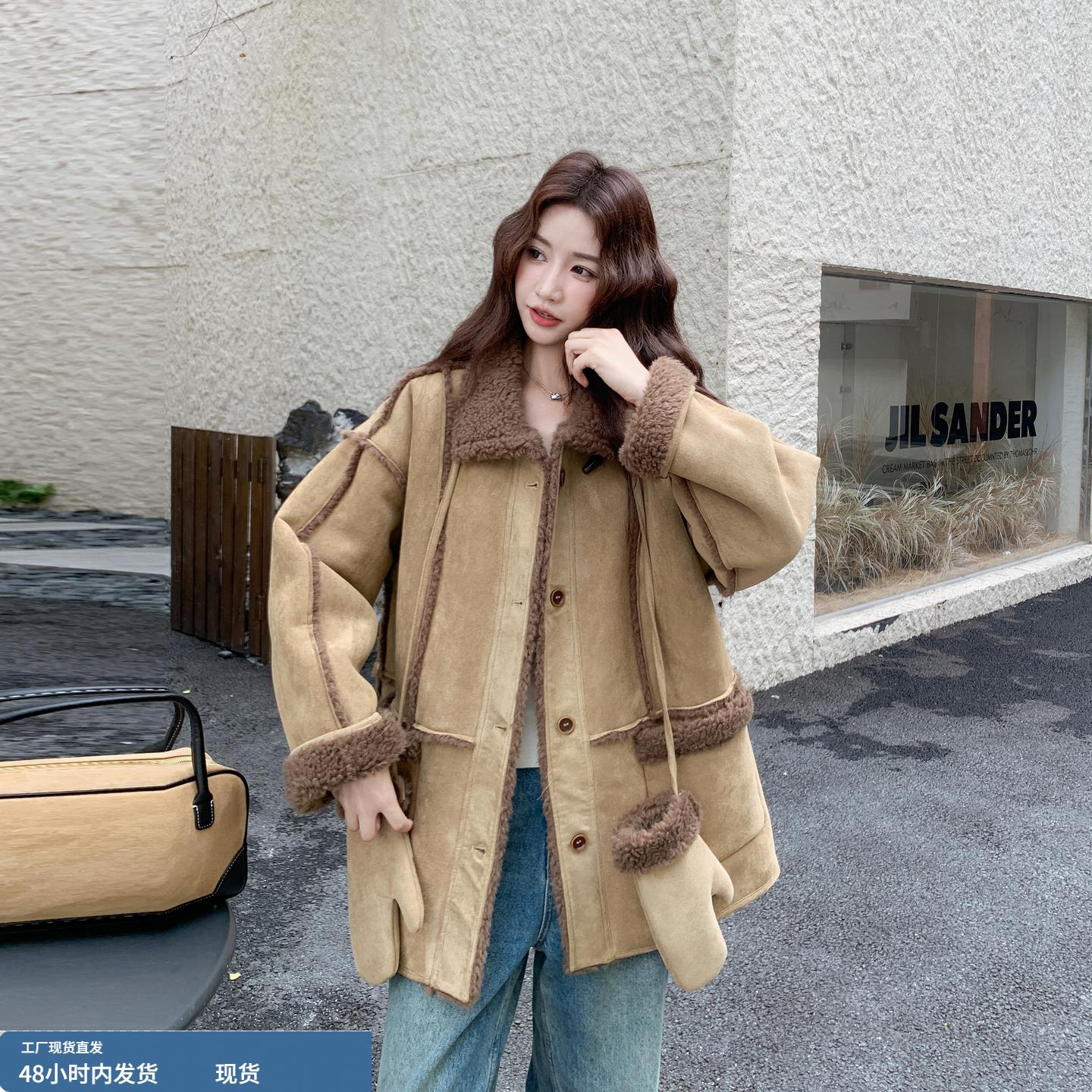 卡其色松弛感时髦复古风外套女冬季2025新款加绒加厚保暖皮毛一体