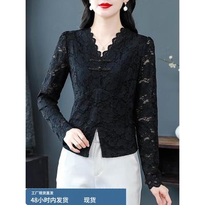 黑色蕾丝打底衫女士2025新款秋内搭可外穿高级感爆款洋气v领上衣