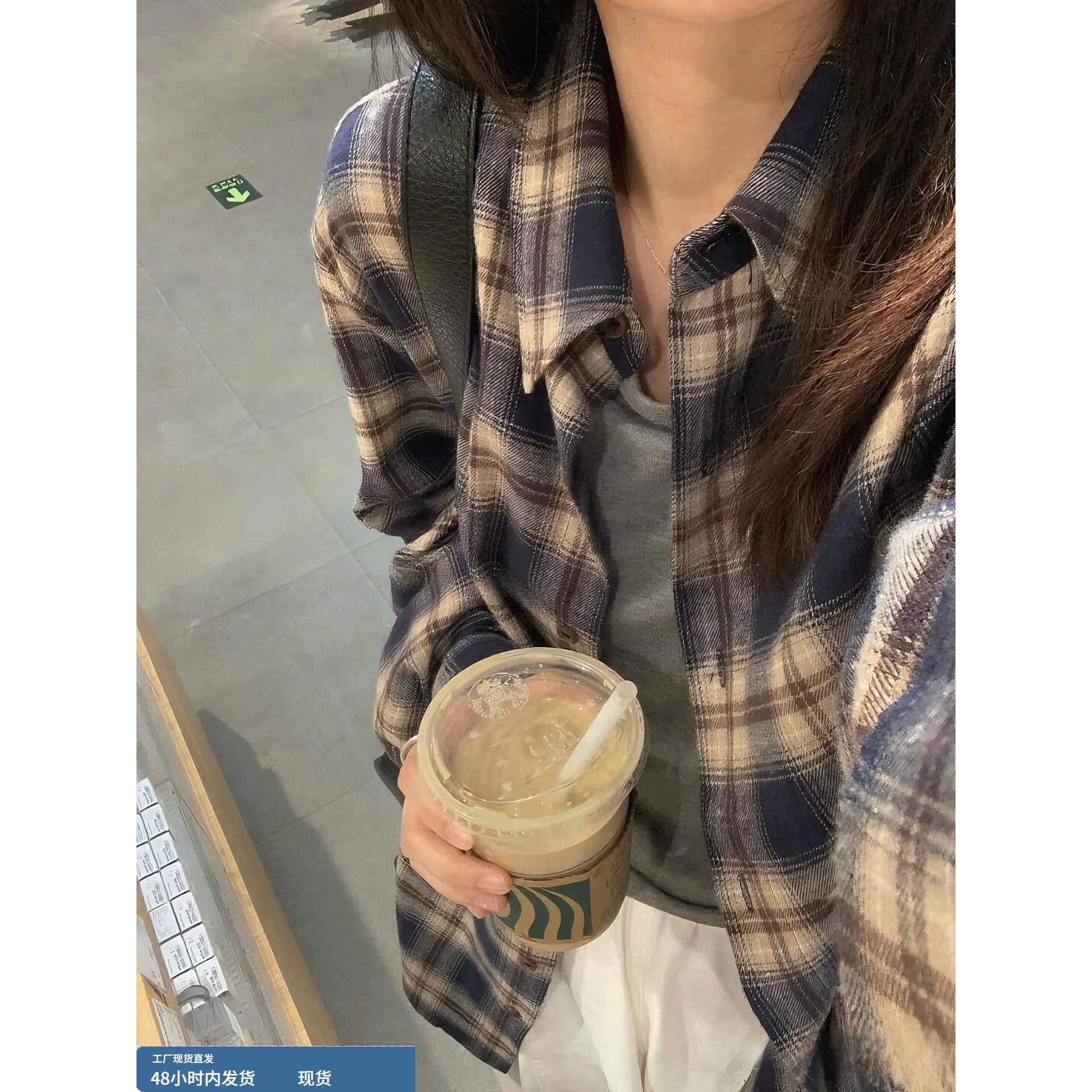 覆古磨毛格子衬衫外套女春秋季小个子宽松慵懒风衬衣开衫长袖上衣